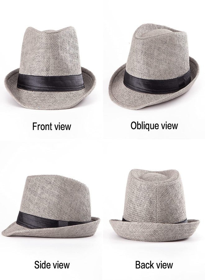 LADYBRO Summer Grey Straw Trilby Fedora Hat for Men 1920s Short Brim Panama Cap 7 1/4 - Image 5